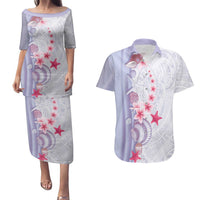 Purple Plumeria Sea Shell Couples Matching Puletasi and Hawaiian Shirt Starfish Polynesian Pattern - Polynesian Pride