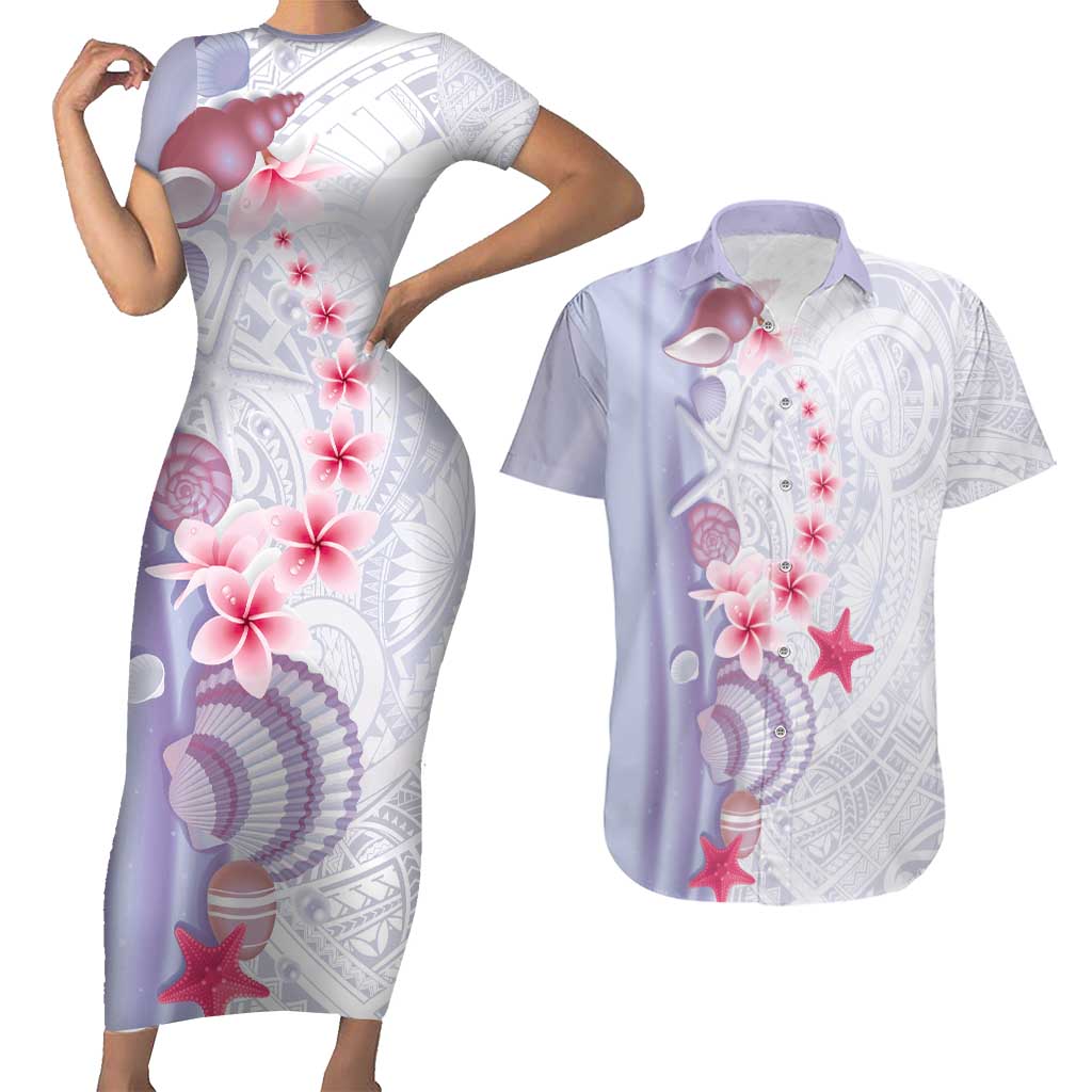 Purple Plumeria Sea Shell Couples Matching Short Sleeve Bodycon Dress and Hawaiian Shirt Starfish Polynesian Pattern - Polynesian Pride