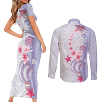 Purple Plumeria Sea Shell Couples Matching Short Sleeve Bodycon Dress and Long Sleeve Button Shirt Starfish Polynesian Pattern - Polynesian Pride