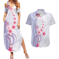 Purple Plumeria Sea Shell Couples Matching Summer Maxi Dress and Hawaiian Shirt Starfish Polynesian Pattern - Polynesian Pride