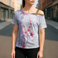 Purple Plumeria Sea Shell Cross Shoulder Shirt Starfish Polynesian Pattern - Polynesian Pride