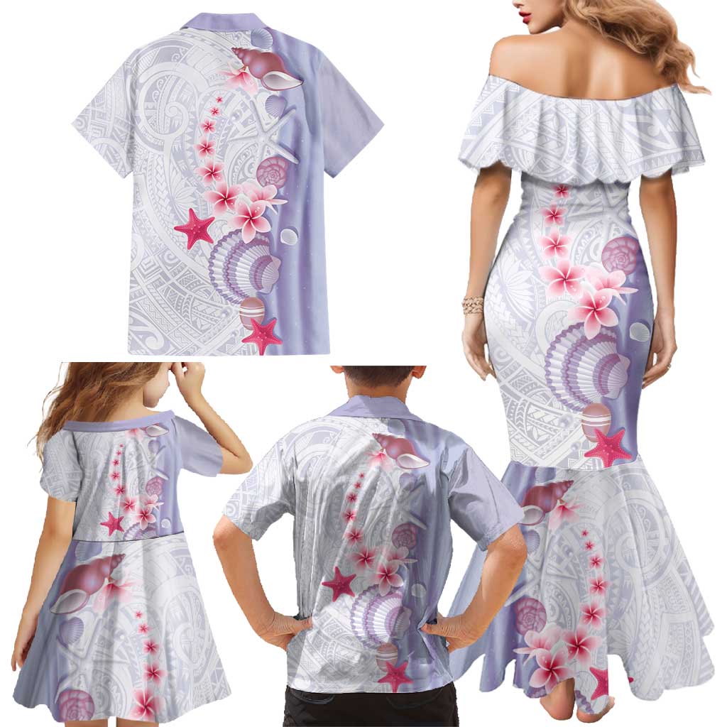 Purple Plumeria Sea Shell Family Matching Mermaid Dress and Hawaiian Shirt Starfish Polynesian Pattern - Polynesian Pride