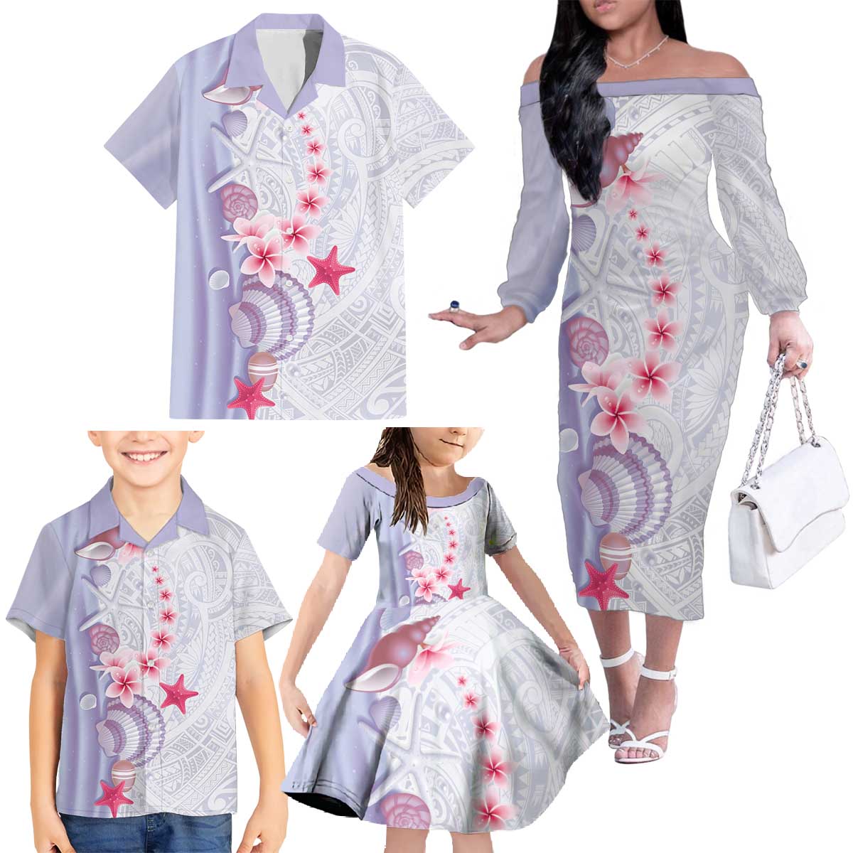 Purple Plumeria Sea Shell Family Matching Off The Shoulder Long Sleeve Dress and Hawaiian Shirt Starfish Polynesian Pattern - Polynesian Pride