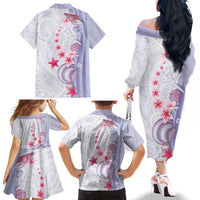 Purple Plumeria Sea Shell Family Matching Off The Shoulder Long Sleeve Dress and Hawaiian Shirt Starfish Polynesian Pattern - Polynesian Pride