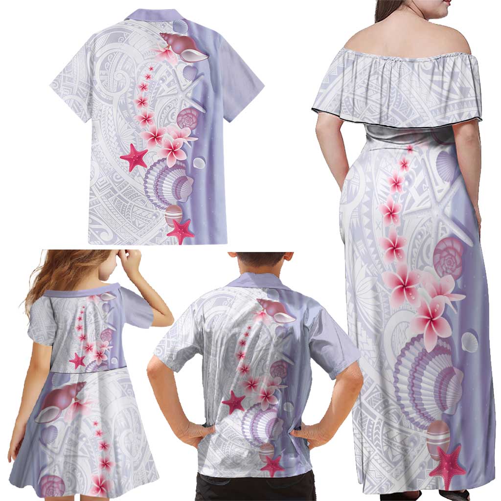 Purple Plumeria Sea Shell Family Matching Off Shoulder Maxi Dress and Hawaiian Shirt Starfish Polynesian Pattern - Polynesian Pride