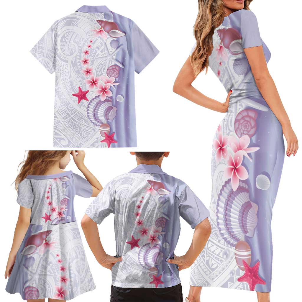 Purple Plumeria Sea Shell Family Matching Short Sleeve Bodycon Dress and Hawaiian Shirt Starfish Polynesian Pattern - Polynesian Pride