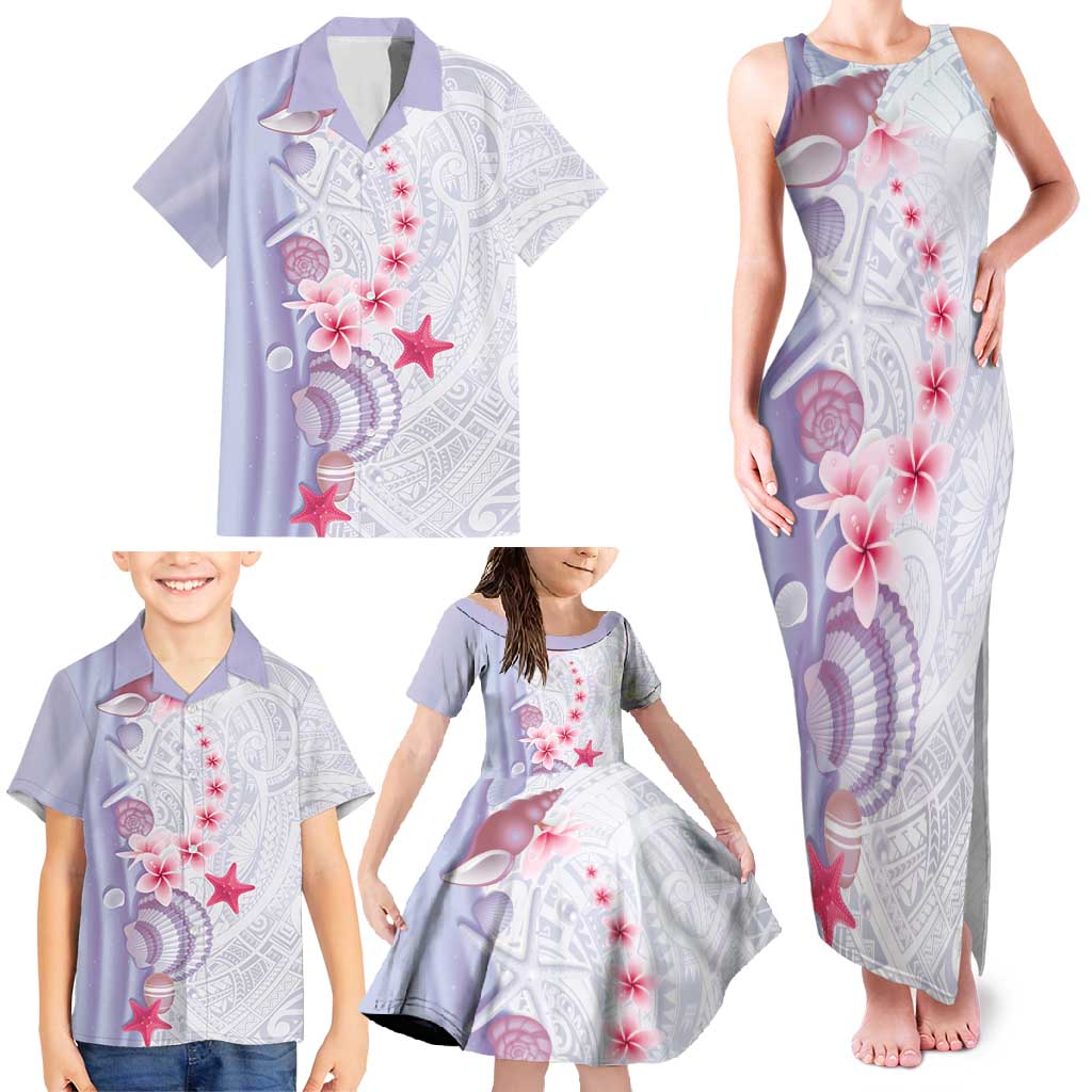Purple Plumeria Sea Shell Family Matching Tank Maxi Dress and Hawaiian Shirt Starfish Polynesian Pattern - Polynesian Pride