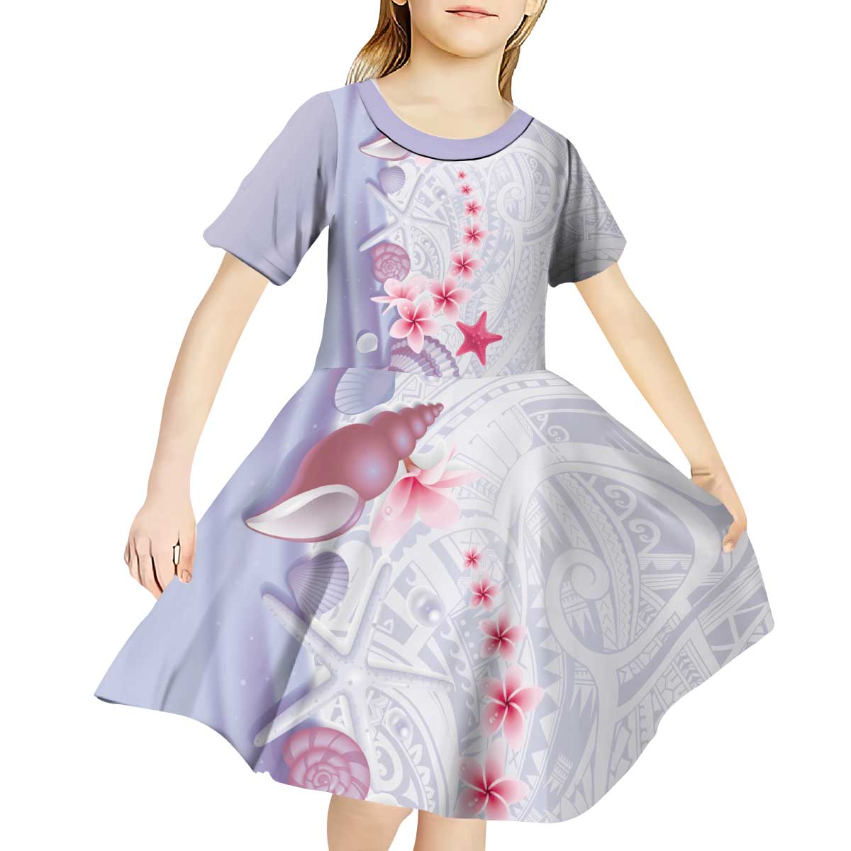 Purple Plumeria Sea Shell Kid Short Sleeve Dress Starfish Polynesian Pattern - Polynesian Pride
