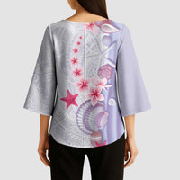 Purple Plumeria Sea Shell Kimono Sleeve Blouse Starfish Polynesian Pattern - Polynesian Pride