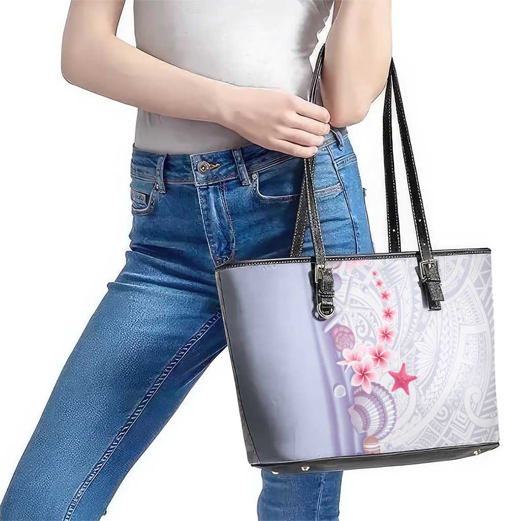 Purple Plumeria Sea Shell Leather Tote Bag Starfish Polynesian Pattern - Polynesian Pride