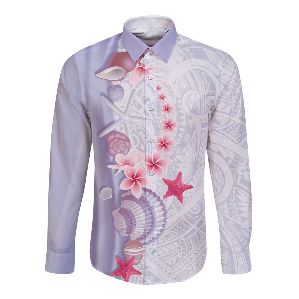 Purple Plumeria Sea Shell Long Sleeve Button Shirt Starfish Polynesian Pattern - Polynesian Pride