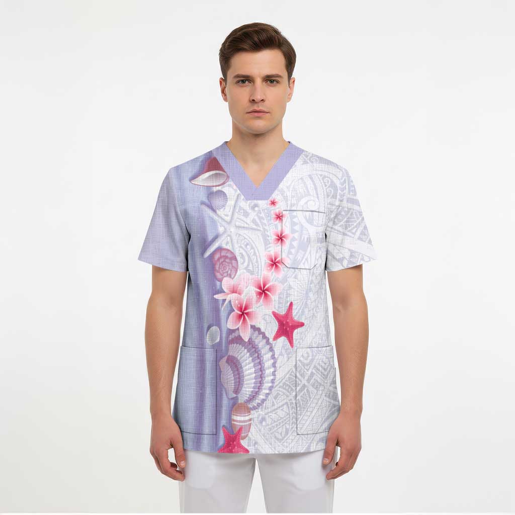 Purple Plumeria Sea Shell Scrub Top Starfish Polynesian Pattern - Polynesian Pride
