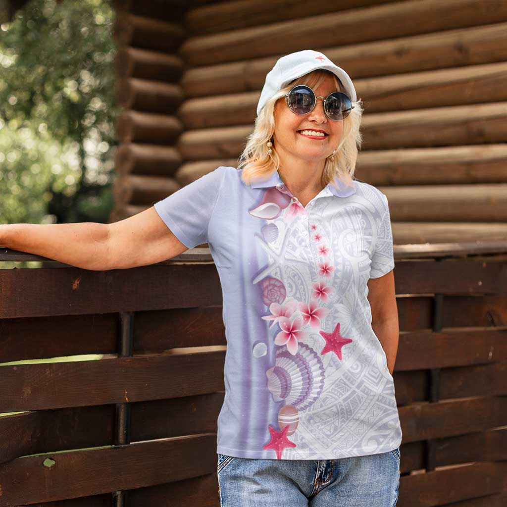 Purple Plumeria Sea Shell Women Polo Shirt Starfish Polynesian Pattern - Polynesian Pride