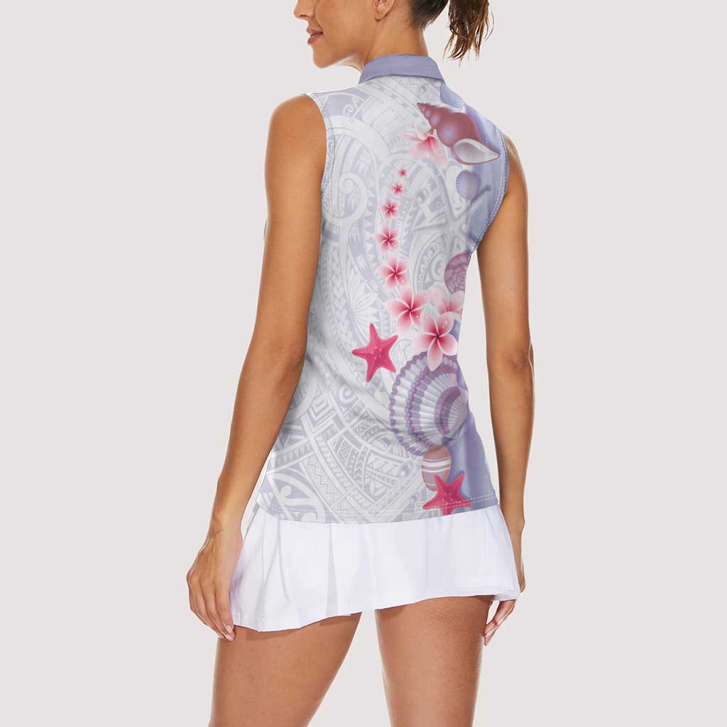 Purple Plumeria Sea Shell Women Sleeveless Polo Shirt Starfish Polynesian Pattern - Polynesian Pride