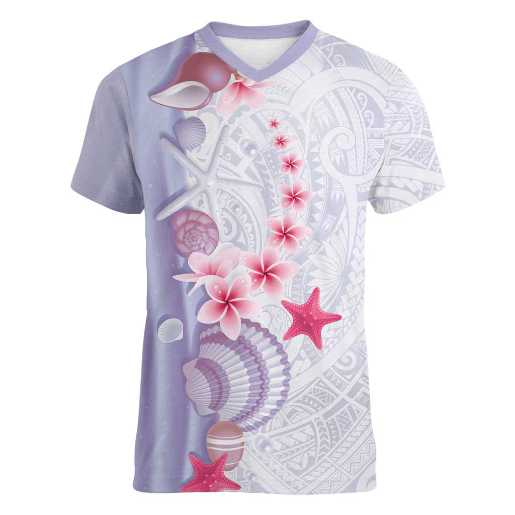 Purple Plumeria Sea Shell Women V-Neck T-Shirt Starfish Polynesian Pattern - Polynesian Pride