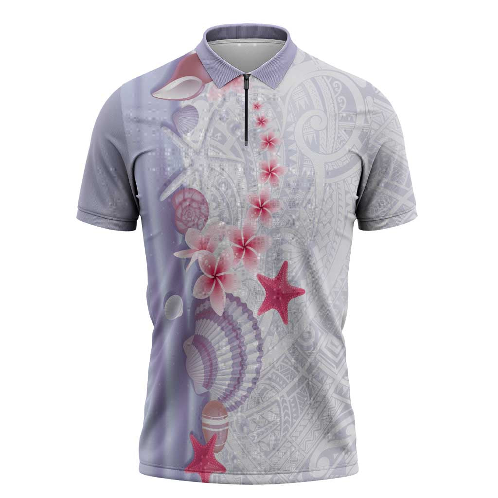 Purple Plumeria Sea Shell Zipper Polo Shirt Starfish Polynesian Pattern - Polynesian Pride
