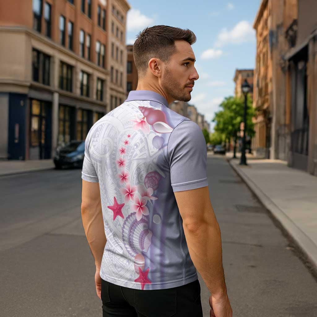 Purple Plumeria Sea Shell Zipper Polo Shirt Starfish Polynesian Pattern - Polynesian Pride
