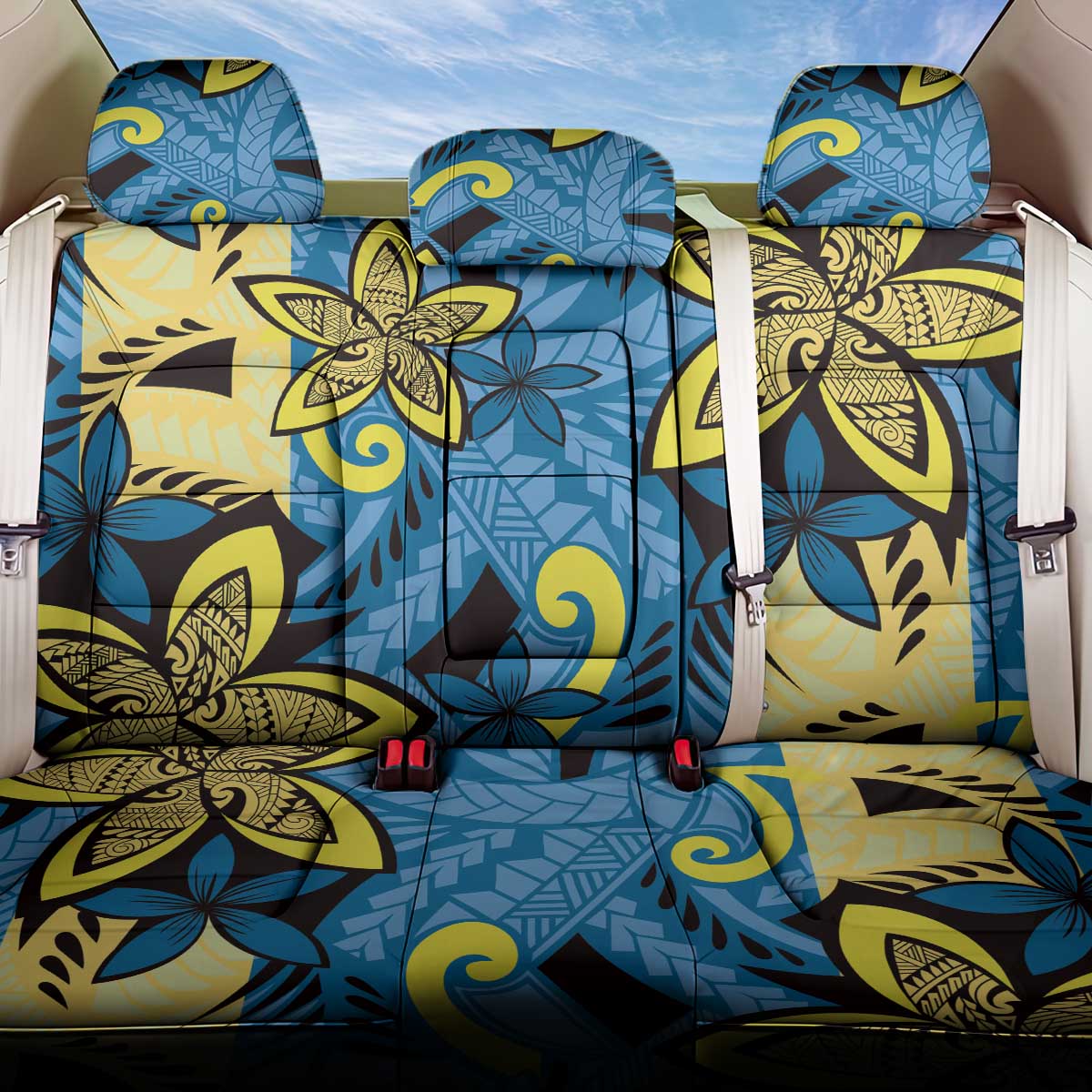 Plumeria Polynesian Pattern Back Car Seat Cover Unique Fantasy Blue Yellow