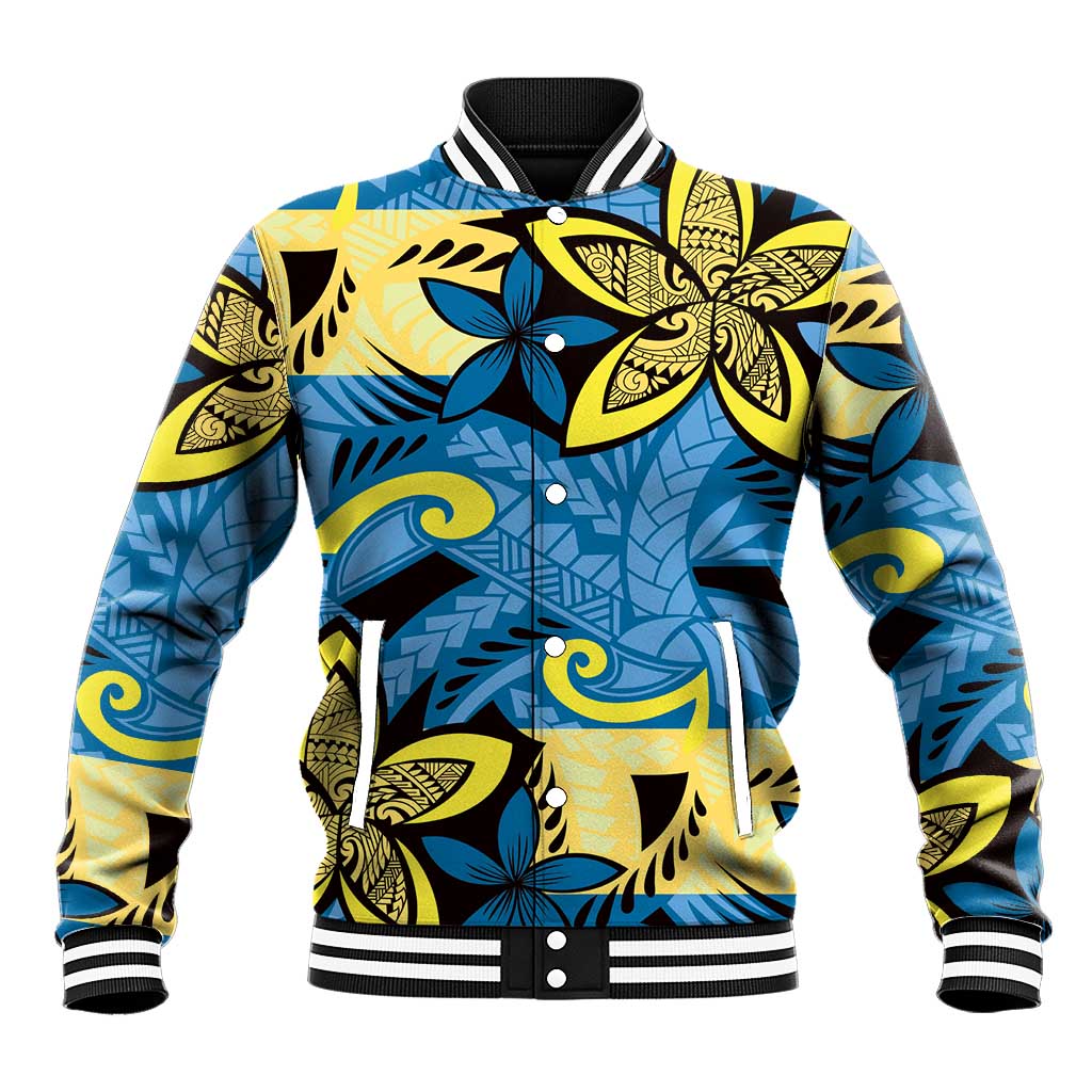 Plumeria Polynesian Pattern Baseball Jacket Unique Fantasy Blue Yellow LT01 Unisex Blue - Polynesian Pride