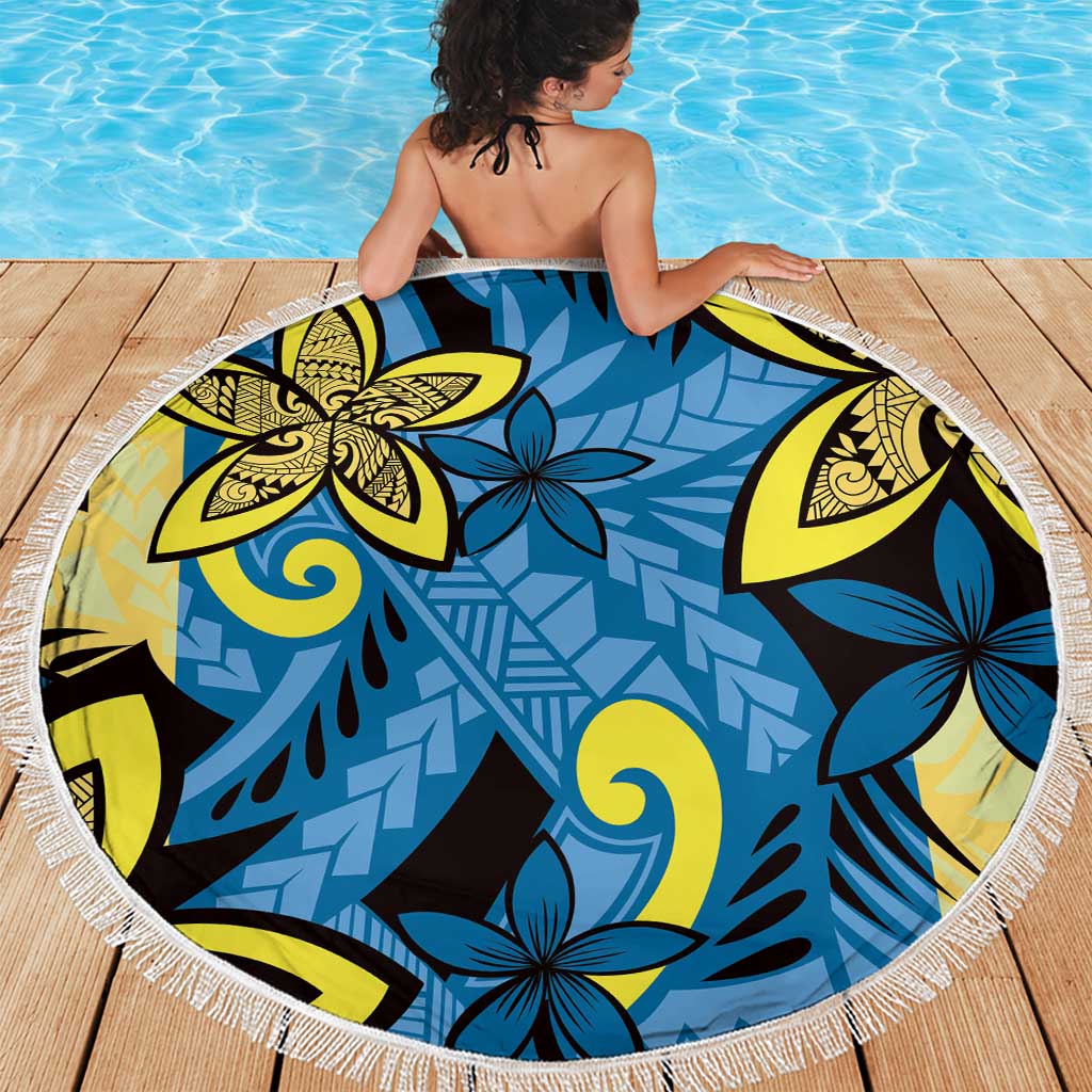Plumeria Polynesian Pattern Beach Blanket Unique Fantasy Blue Yellow