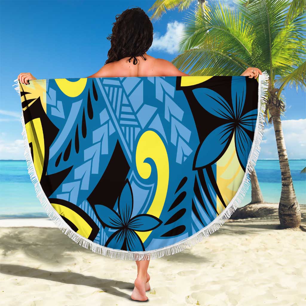 Plumeria Polynesian Pattern Beach Blanket Unique Fantasy Blue Yellow