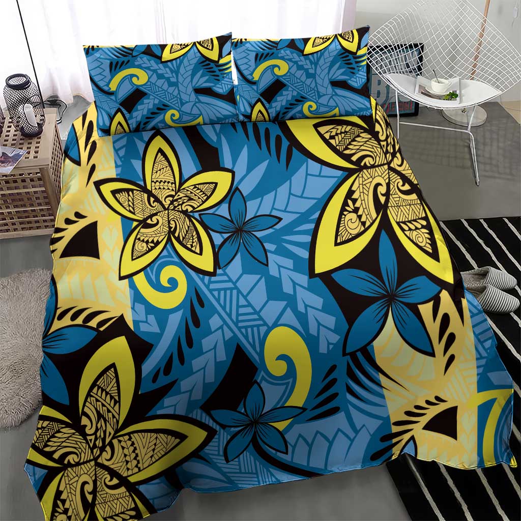 Plumeria Polynesian Pattern Bedding Set Unique Fantasy Blue Yellow