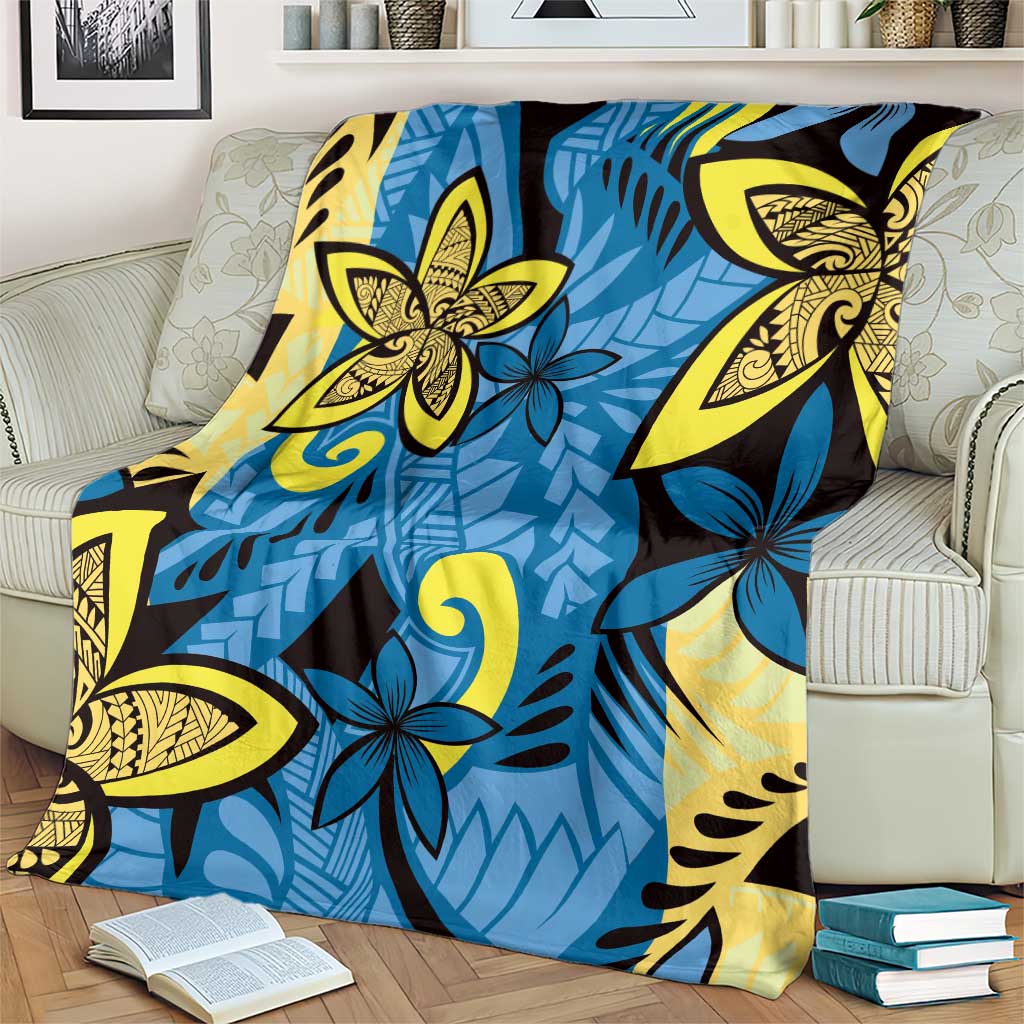Plumeria Polynesian Pattern Blanket Unique Fantasy Blue Yellow