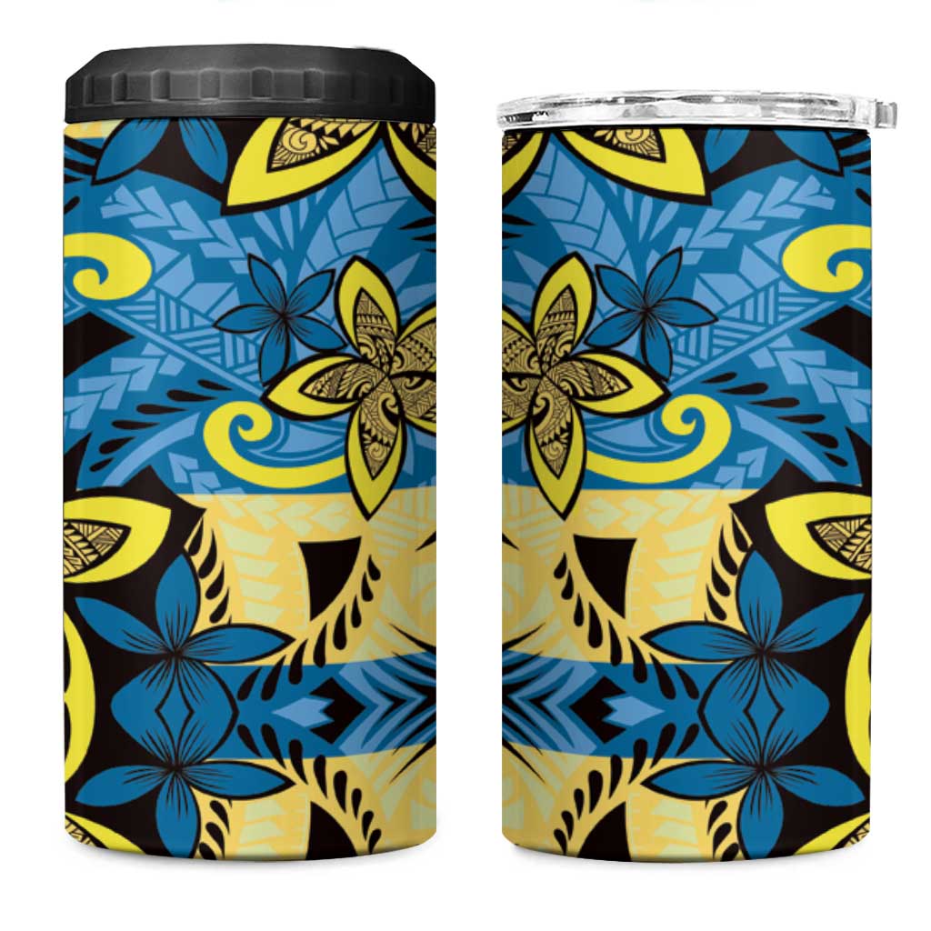 Plumeria Polynesian Pattern 4 in 1 Can Cooler Tumbler Unique Fantasy Blue Yellow
