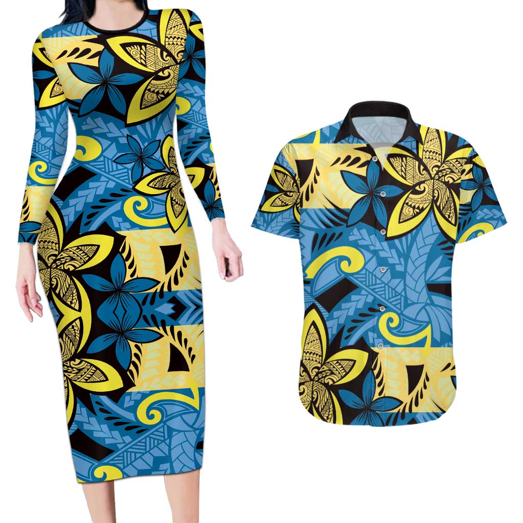 Plumeria Polynesian Pattern Couples Matching Long Sleeve Bodycon Dress and Hawaiian Shirt Unique Fantasy Blue Yellow