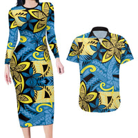 Plumeria Polynesian Pattern Couples Matching Long Sleeve Bodycon Dress and Hawaiian Shirt Unique Fantasy Blue Yellow
