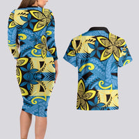 Plumeria Polynesian Pattern Couples Matching Long Sleeve Bodycon Dress and Hawaiian Shirt Unique Fantasy Blue Yellow