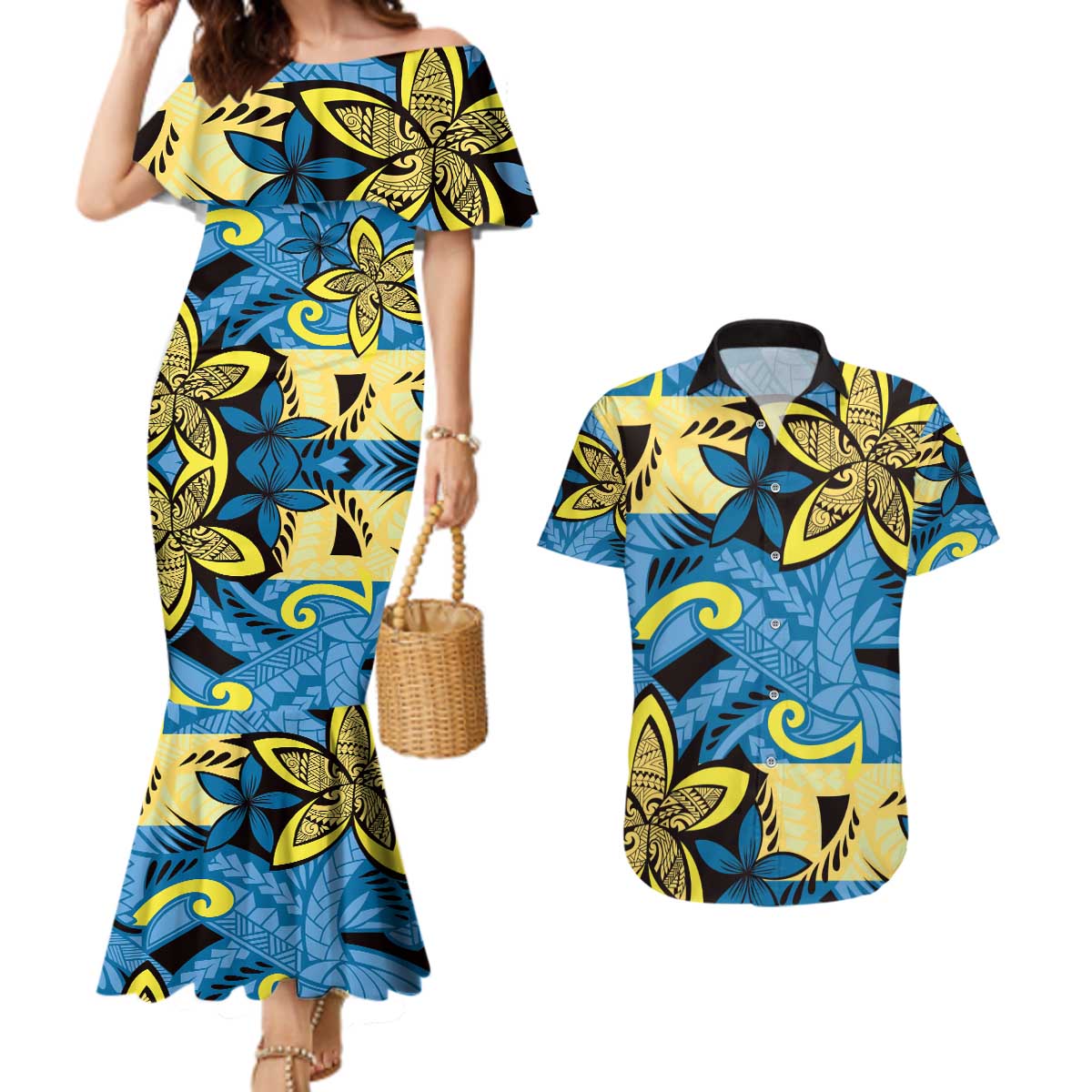 Plumeria Polynesian Pattern Couples Matching Mermaid Dress and Hawaiian Shirt Unique Fantasy Blue Yellow