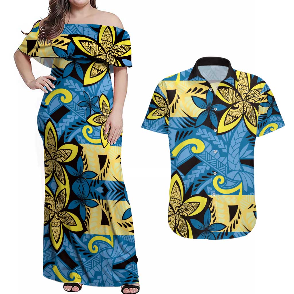 Plumeria Polynesian Pattern Couples Matching Off Shoulder Maxi Dress and Hawaiian Shirt Unique Fantasy Blue Yellow