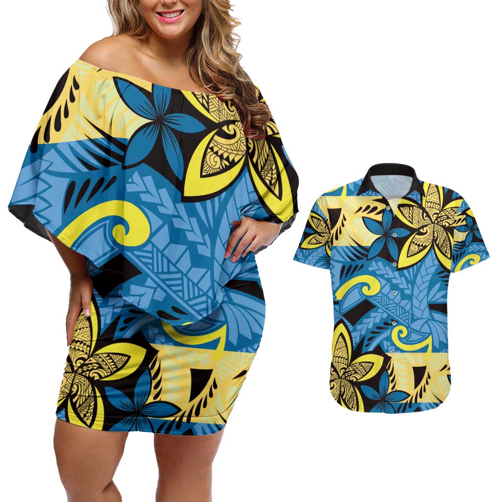 Plumeria Polynesian Pattern Couples Matching Off Shoulder Short Dress and Hawaiian Shirt Unique Fantasy Blue Yellow