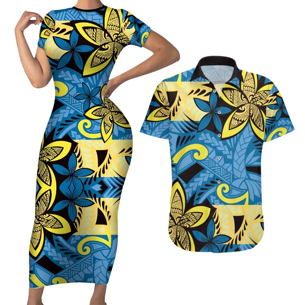 Plumeria Polynesian Pattern Couples Matching Short Sleeve Bodycon Dress and Hawaiian Shirt Unique Fantasy Blue Yellow