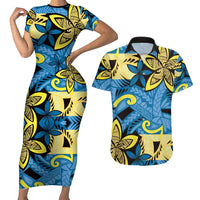 Plumeria Polynesian Pattern Couples Matching Short Sleeve Bodycon Dress and Hawaiian Shirt Unique Fantasy Blue Yellow
