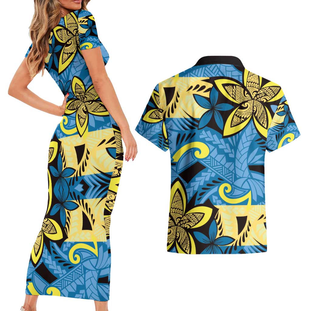 Plumeria Polynesian Pattern Couples Matching Short Sleeve Bodycon Dress and Hawaiian Shirt Unique Fantasy Blue Yellow