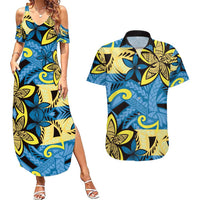 Plumeria Polynesian Pattern Couples Matching Summer Maxi Dress and Hawaiian Shirt Unique Fantasy Blue Yellow