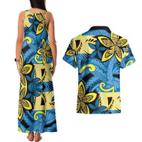 Plumeria Polynesian Pattern Couples Matching Tank Maxi Dress and Hawaiian Shirt Unique Fantasy Blue Yellow