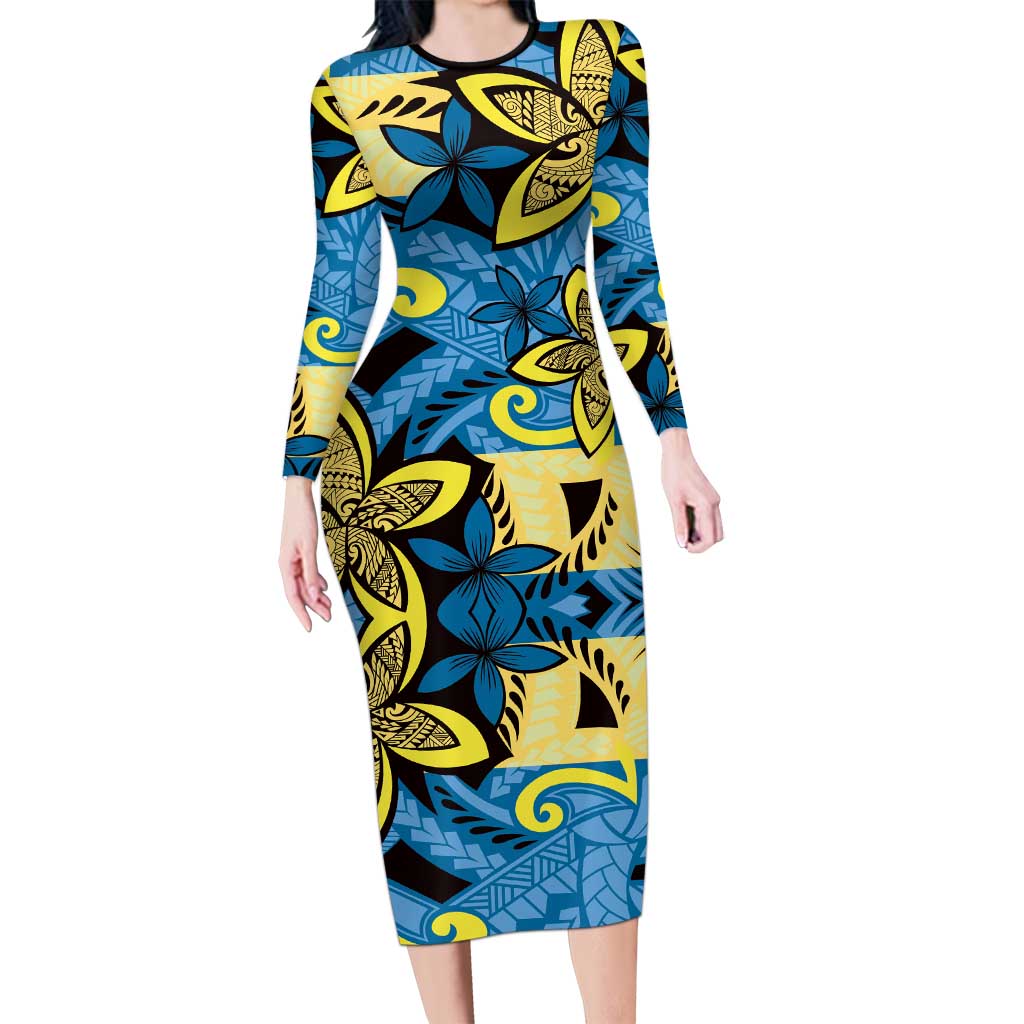Plumeria Polynesian Pattern Family Matching Long Sleeve Bodycon Dress and Hawaiian Shirt Unique Fantasy Blue Yellow