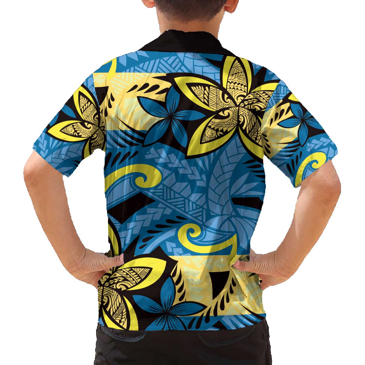 Plumeria Polynesian Pattern Family Matching Off The Shoulder Long Sleeve Dress and Hawaiian Shirt Unique Fantasy Blue Yellow