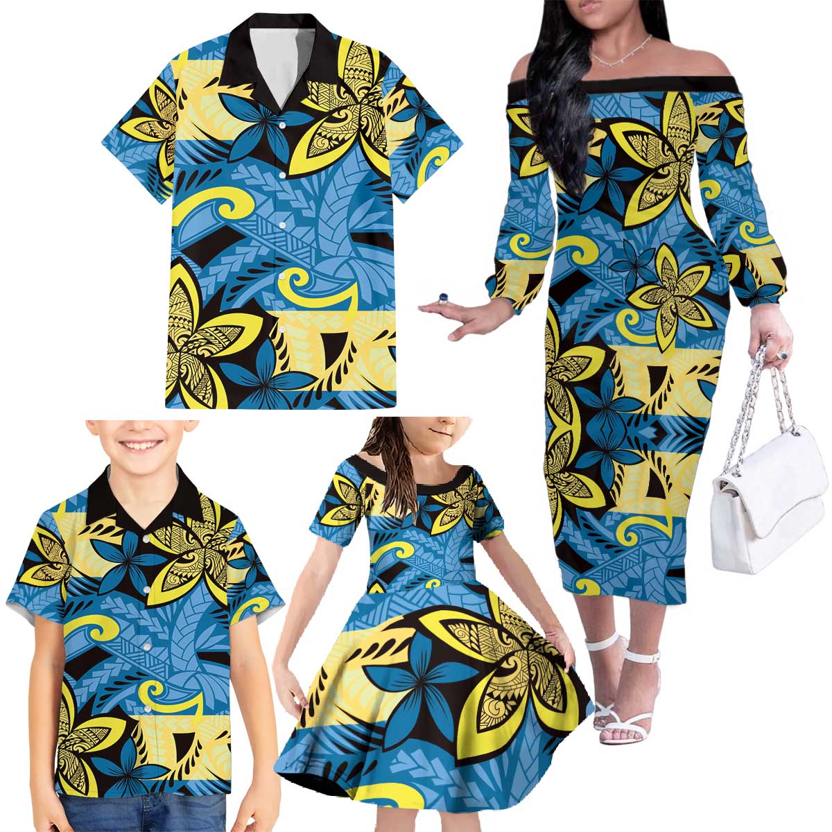 Plumeria Polynesian Pattern Family Matching Off The Shoulder Long Sleeve Dress and Hawaiian Shirt Unique Fantasy Blue Yellow