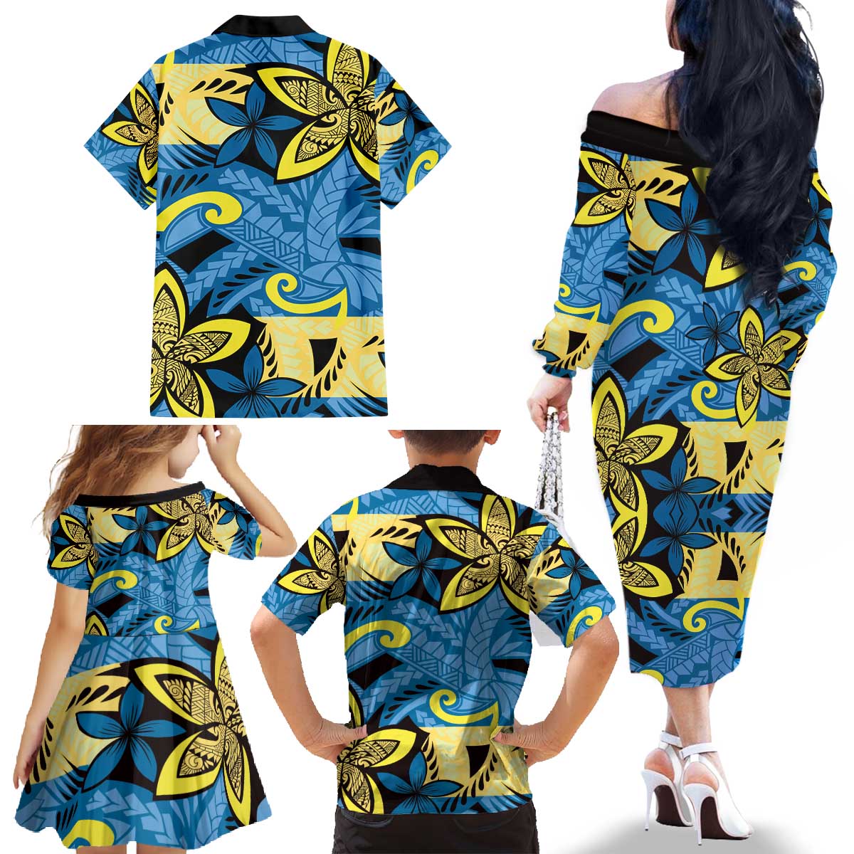 Plumeria Polynesian Pattern Family Matching Off The Shoulder Long Sleeve Dress and Hawaiian Shirt Unique Fantasy Blue Yellow