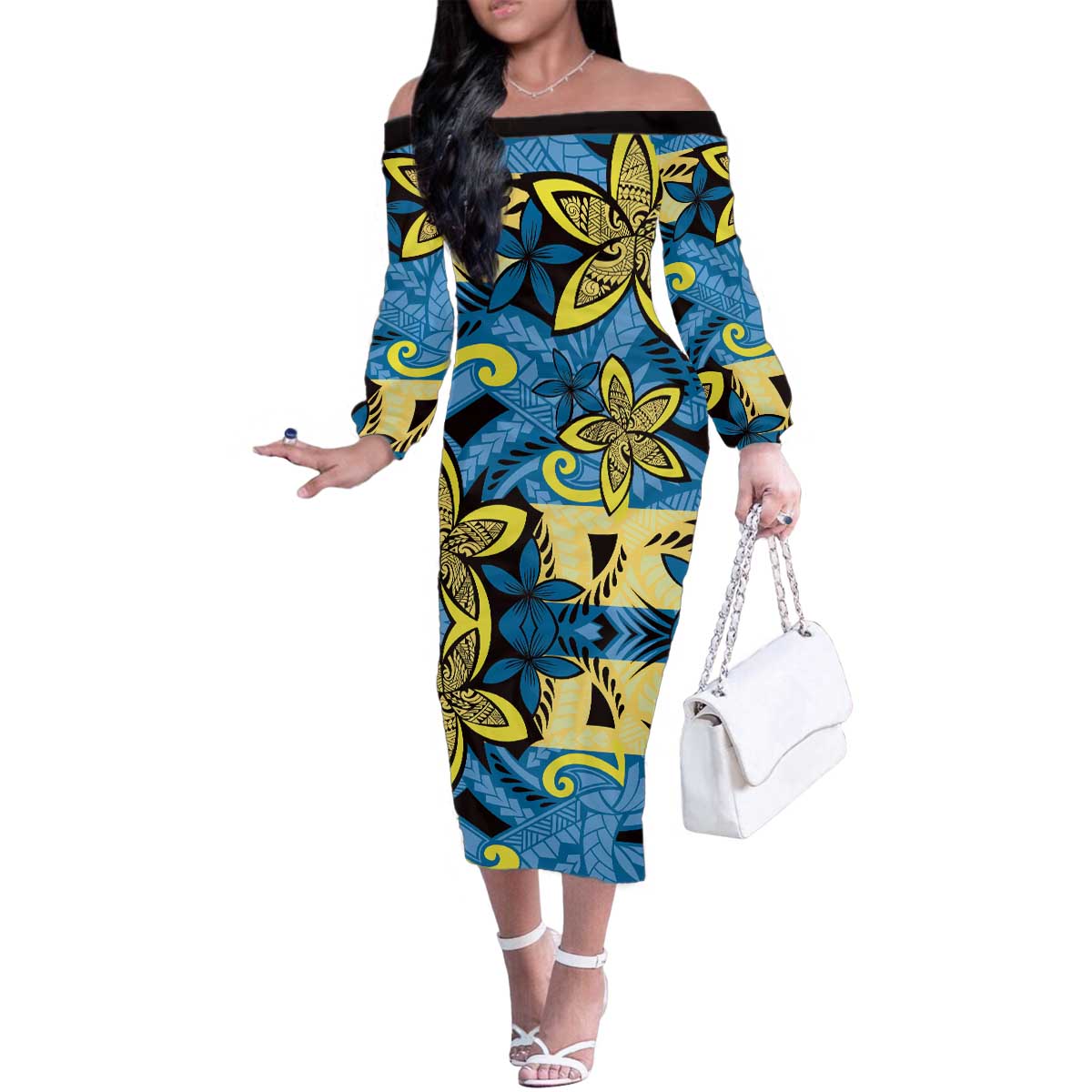 Plumeria Polynesian Pattern Family Matching Off The Shoulder Long Sleeve Dress and Hawaiian Shirt Unique Fantasy Blue Yellow