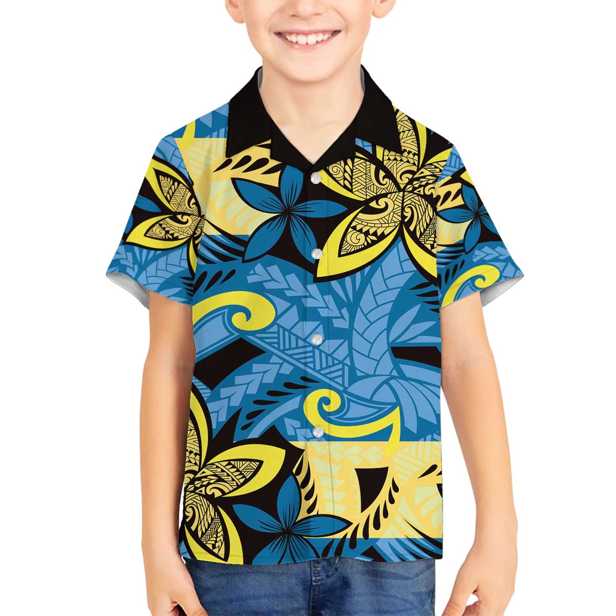 Plumeria Polynesian Pattern Family Matching Off The Shoulder Long Sleeve Dress and Hawaiian Shirt Unique Fantasy Blue Yellow