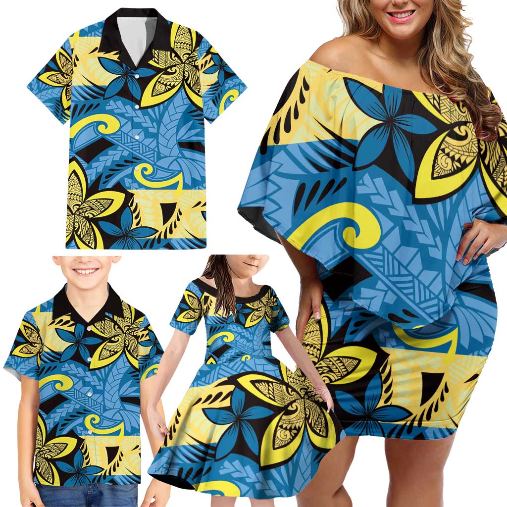 Plumeria Polynesian Pattern Family Matching Off Shoulder Short Dress and Hawaiian Shirt Unique Fantasy Blue Yellow
