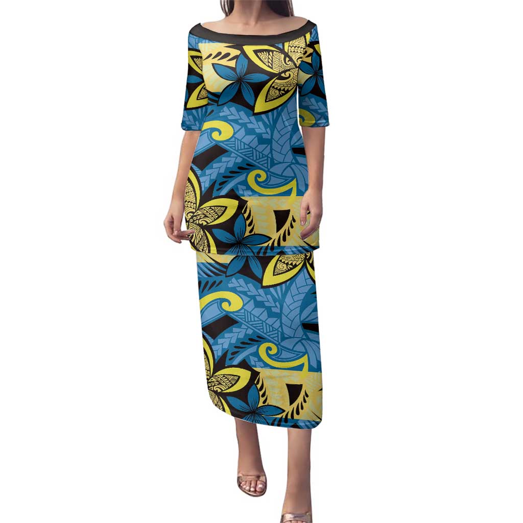 Plumeria Polynesian Pattern Family Matching Puletasi and Hawaiian Shirt Unique Fantasy Blue Yellow