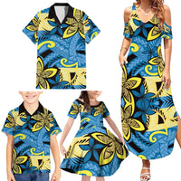 Plumeria Polynesian Pattern Family Matching Summer Maxi Dress and Hawaiian Shirt Unique Fantasy Blue Yellow