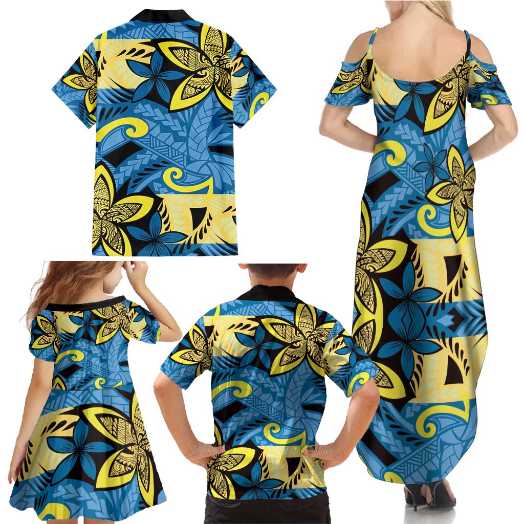 Plumeria Polynesian Pattern Family Matching Summer Maxi Dress and Hawaiian Shirt Unique Fantasy Blue Yellow