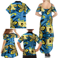 Plumeria Polynesian Pattern Family Matching Summer Maxi Dress and Hawaiian Shirt Unique Fantasy Blue Yellow